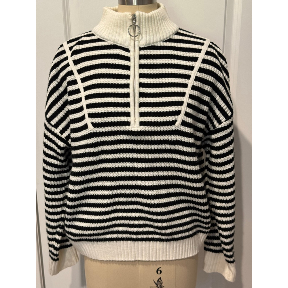 Women's Unbranded 1/4 Zip Neck Striped Sweater L Black White boxy relaxed fit